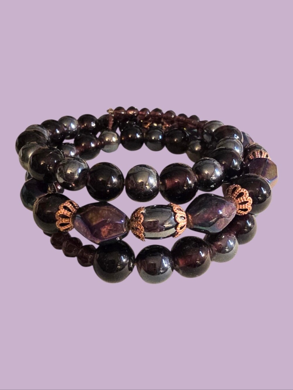Coiled Multi-Strand Purple, Silver, Iridescent Beaded Bracelet - XLarge